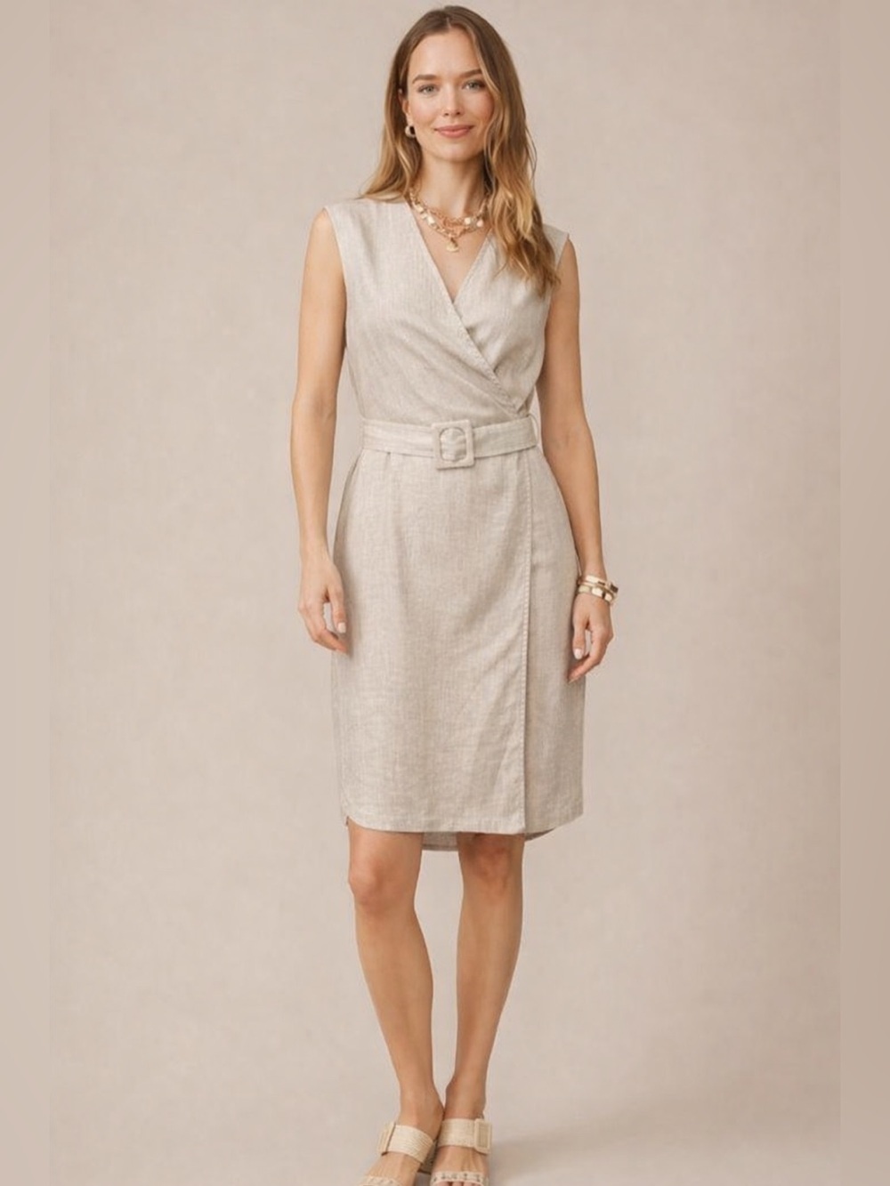 J. McLaughlin Oatmeal Linen Blend Belted Sleeveless Dress - Size Small